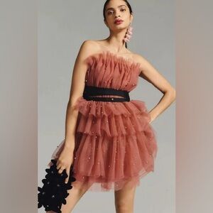 Maeve by Anthropologie Pearl-Embellished Strapless Tulle Mini Dress Size 10
